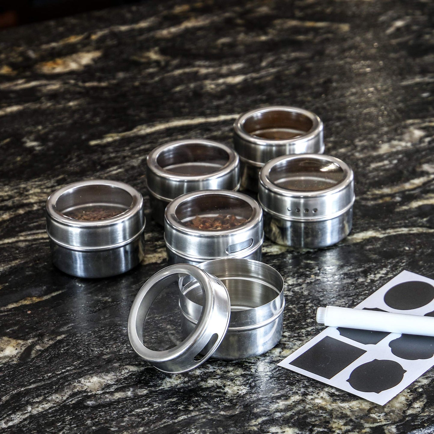 Spice Jars 12 Pack Magnetic Spice Tins Stainless Steel Transparent Top | Labels Included | Magnetic Storage Containers | Magnetic Condiment Tins | M&W