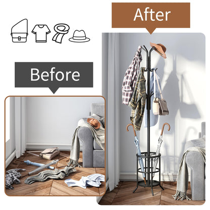 FILWH Coat Rack Freestanding with Umbrella Stand Coat Rack Stand with 12 Hooks Metal Coat Tree Coat and Hat Hanger Jacket Entryway(Black)