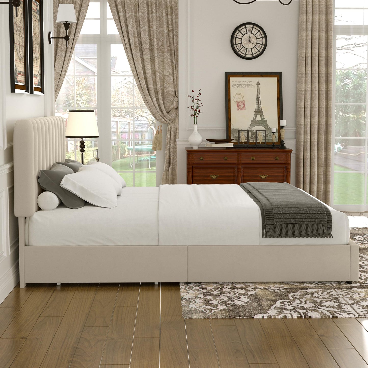 VECELO Queen Size Upholstered Bed Frame with 4 Drawers and Headboard, Velvet Platform Storage Bedframe, Wooden Slats Support, No Box Spring Needed, Beige