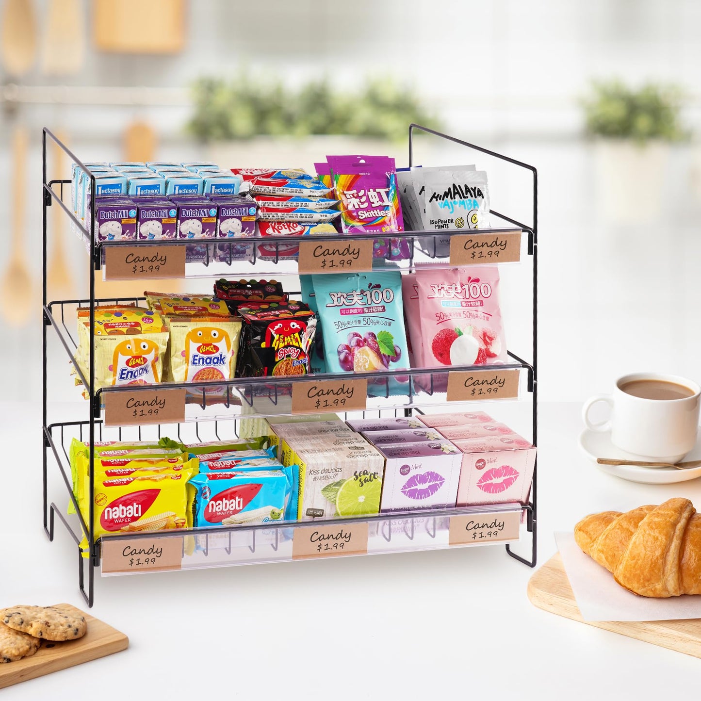 WWN Black 3-Tier Candy Display Rack 24 * 23 * 14inch Versatile Chip and Snack Stand for Countertop Retail, Concession Stands, and Supermarkets