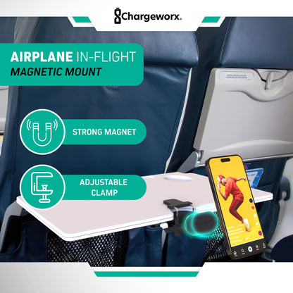 CHARGEWORX in-Flight Magnetic Phone & Tablet Mount for Airplanes, MagSafe-Compatible Travel Phone Holder for Tray Tables, 360° Rotating & 90° Pivoting Airplane Phone Stand with Travel Pouch