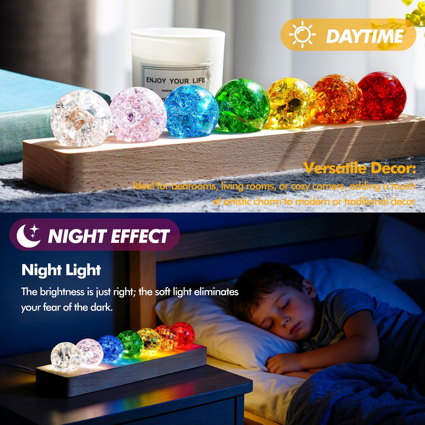 LOULIQIGIFT 7 Colors Ice Cracked Balls with LED Wooden Base 40mm Healing Sphere Balls Set Crystal Chakra Night Light Decor