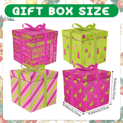 Cinrobiye 4 Pcs Christmas Gift Boxes with Lid,Ribbon and Tissue Papers,9" Black and White Christmas Winter Square Cardboard Box for Gift Wrapping Holiday Present Birthday Assorted Design (Green Pink)