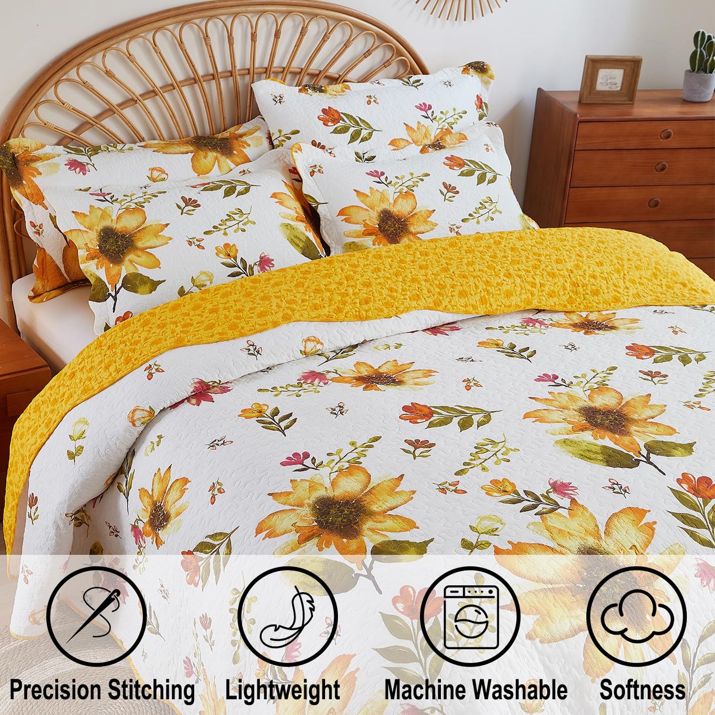 Cmfshape Floral Quilt Sets Bedspread Set,100% Cotton Yellow Sunflower Bedding Set,Reversible Lightweight Soft Bedspread Coverlet for All Season with 2 Pillow Shams(Queen 92"x96")