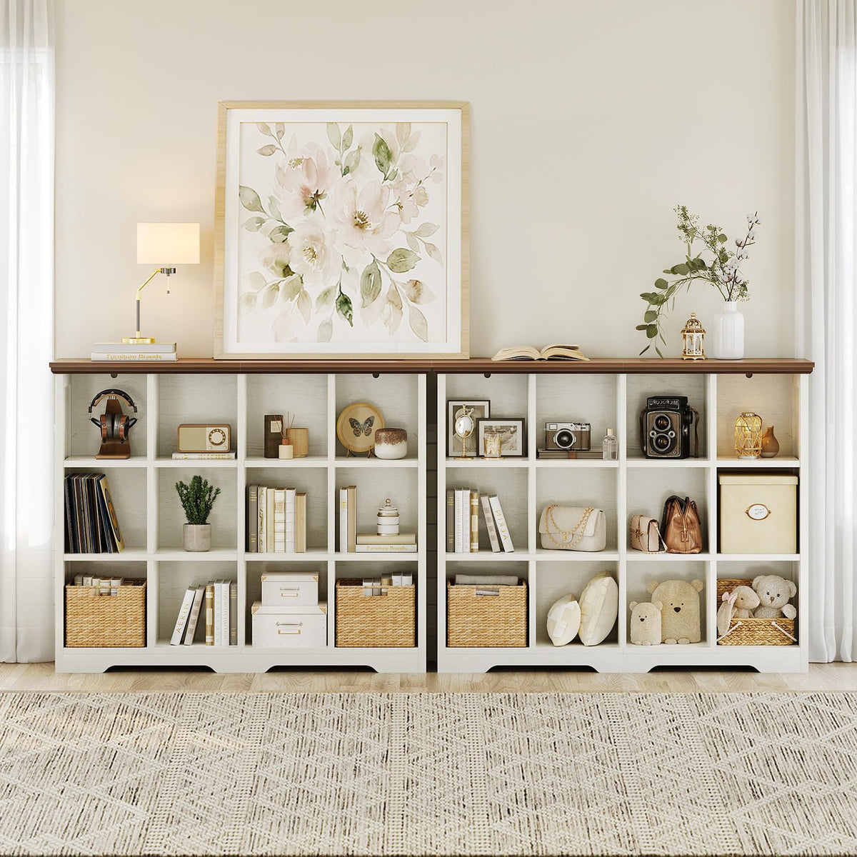 OffiGo 8 Cube Organizer Bookcase, Modern Farmhouse Open Shelf for Storage Bins & Decor, Display Bookshelf Console Closet for Living Room, Bedroom, Home Office, Walnut+White