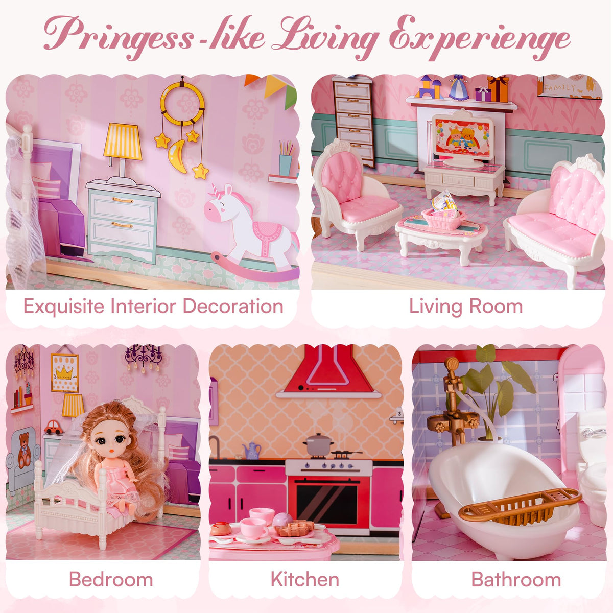 ROBUD Wooden Dollhouse, Doll House Playset with 24-pcs Exquisite Accessories, Working Elevator, Gift for Ages 3+
