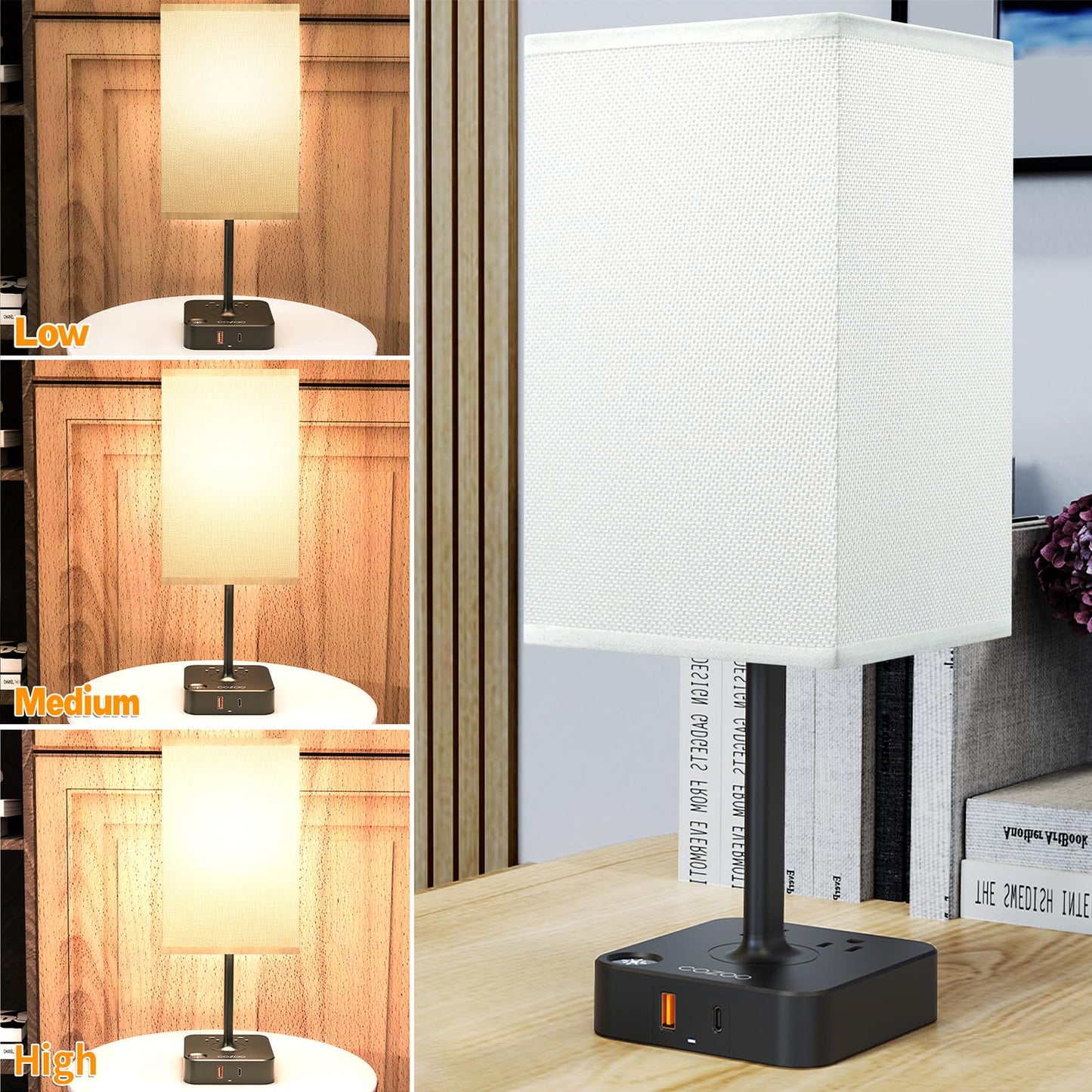 cozoo Bedside Table Lamp with 3 Levels Brightness,Dimmable Table Lamp with USB C+A Charging Ports,2 AC Outlets,Nightstand Lamp White Shade,Touch Bedroom Lamp for Living Read Work