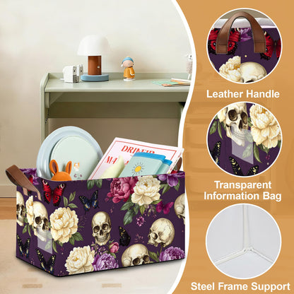 Oeaskly Storage Bins with Handles, Oxford Cloth Storage Basket with Sturdy Frame, Purple Flower Skeleton Collapsible Organizer for Closet, Shelf, Clothes, Towels, Home Storage
