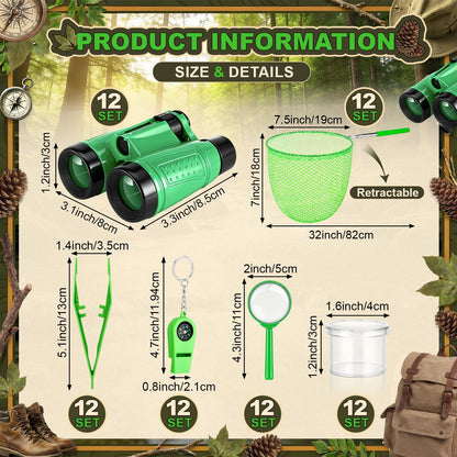 Sabary 12 Set 72 Pcs Explorer Kit Bug Catching Kit for Outdoor with Binoculars, Butterfly Net, Magnifying Glass, Compass Whistle, Tweezers and Observation Box for Outdoor Hiking Wilderness Adventure