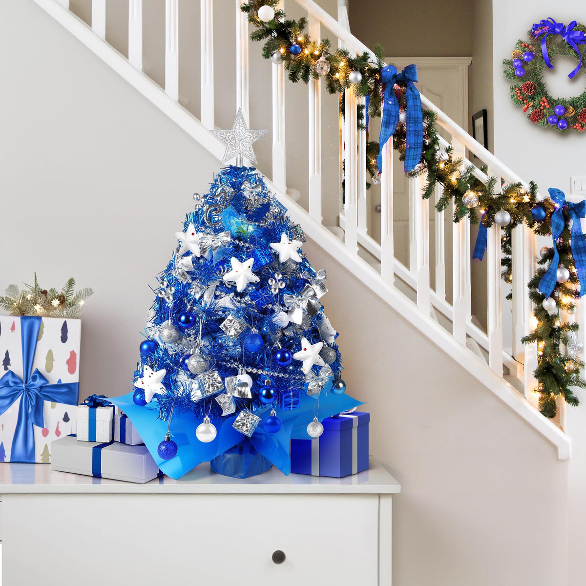 2FT Mini Christmas Tree, Blue Tabletop Christmas Tree, Prelit Small Christmas Trees with 60 LED Lights, 100 Lifelike Branches, 73 Ornaments, Artificial Xmas Tree for Home Indoor Decor