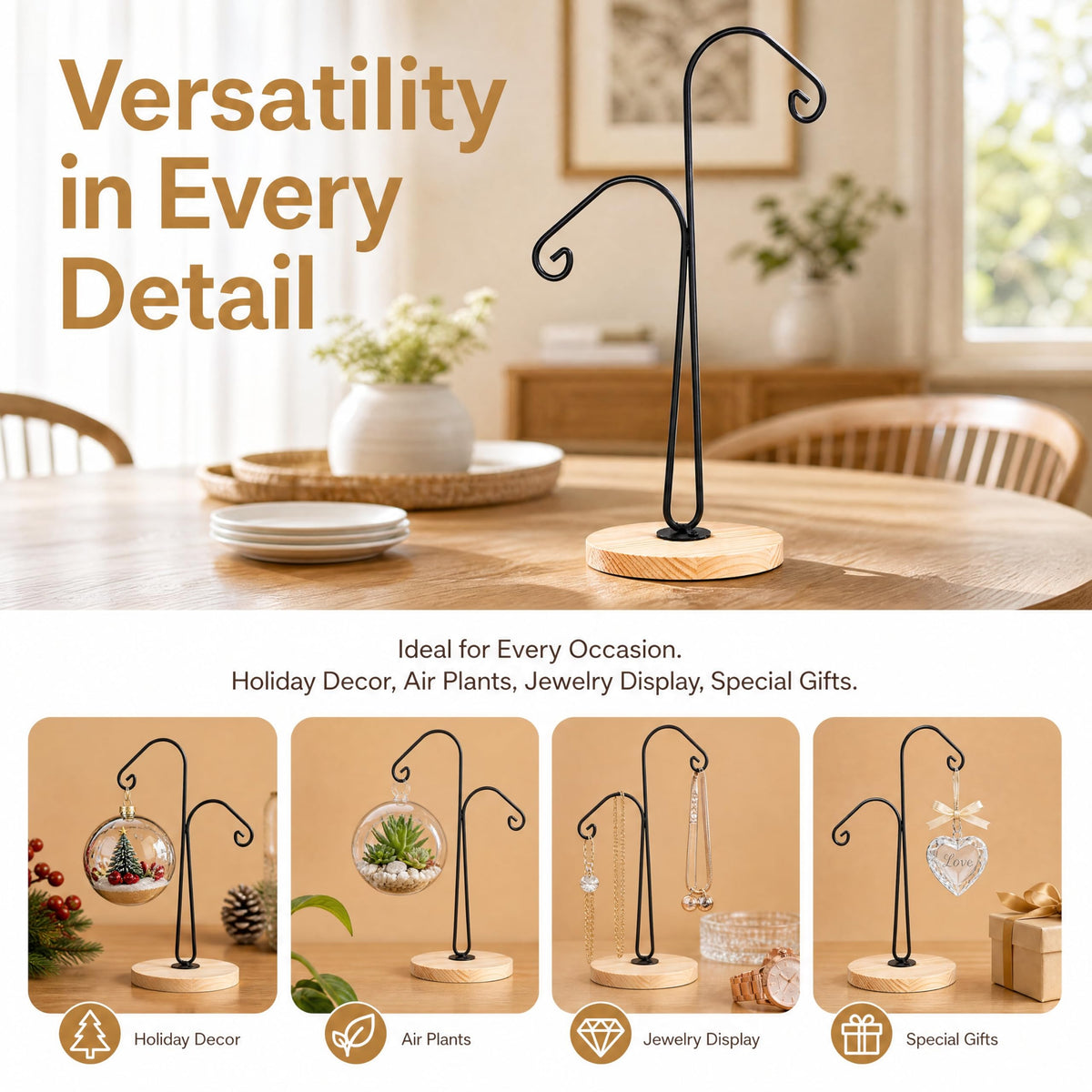 WRINGKIT 4 Pack Ornament Display Stand, Ornament Hanger Stand with 2 Arms, Metal Air Plant Flower Holder, Hanging Terrarium Stand for Christmas Halloween Decoration, Glass Crystal Ball