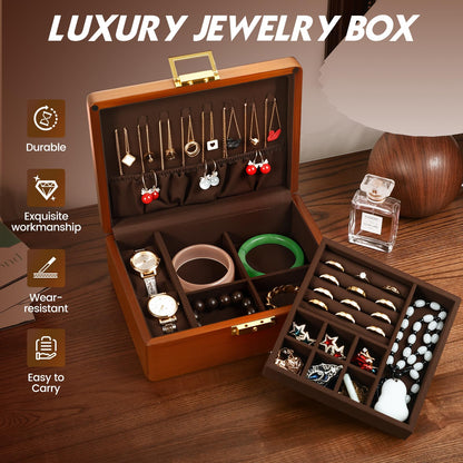 LIBOLXSP Solid Walnut Wood Jewelry Box with Lock,2 Layer Velvet Lined for Earrings Rings Necklaces Bracelets Watches,Both Style and Security, for Men Women,Vintage Brown