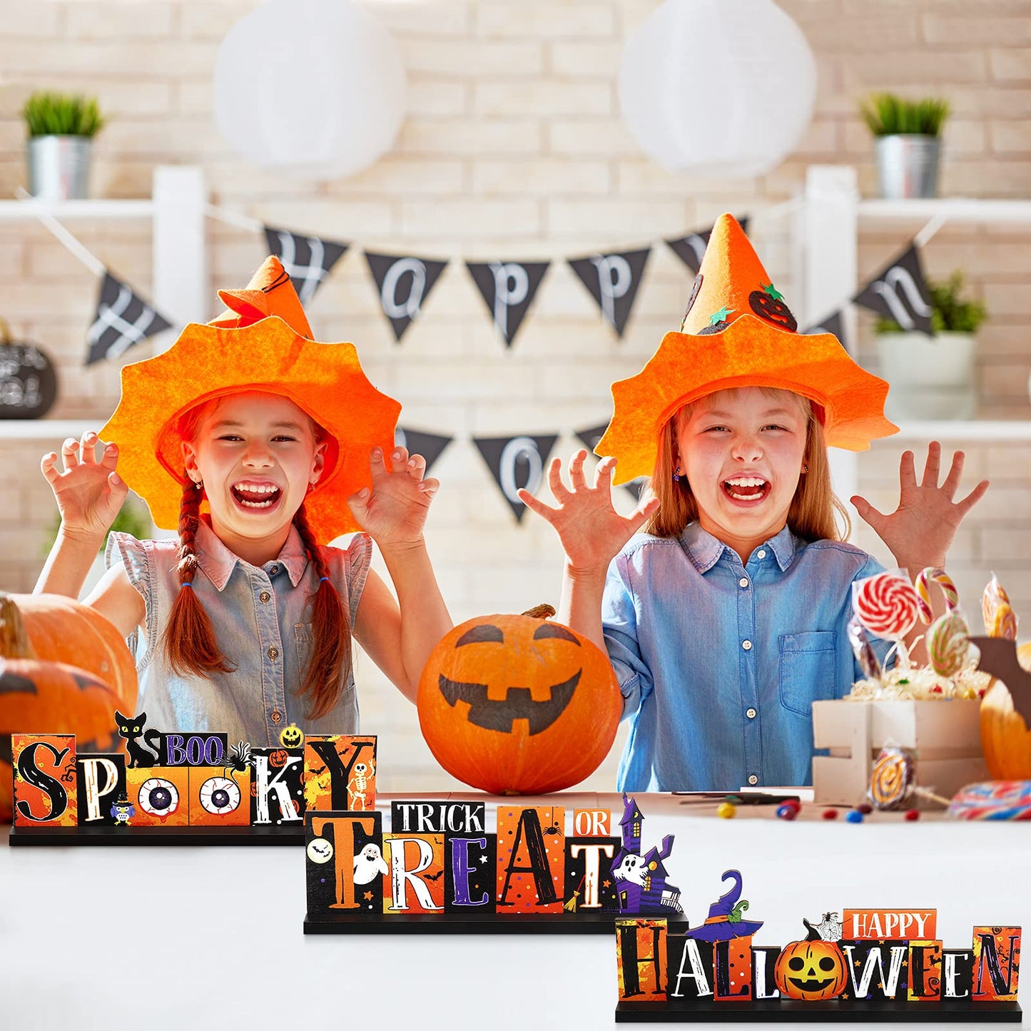 3 Pieces Halloween Table Decorations - Pumpkin Centerpiece, Boo Spooky Wood Sign, Trick or Treat Witch Hat Decor for Party, Living Room, Kitchen, Office, Bar