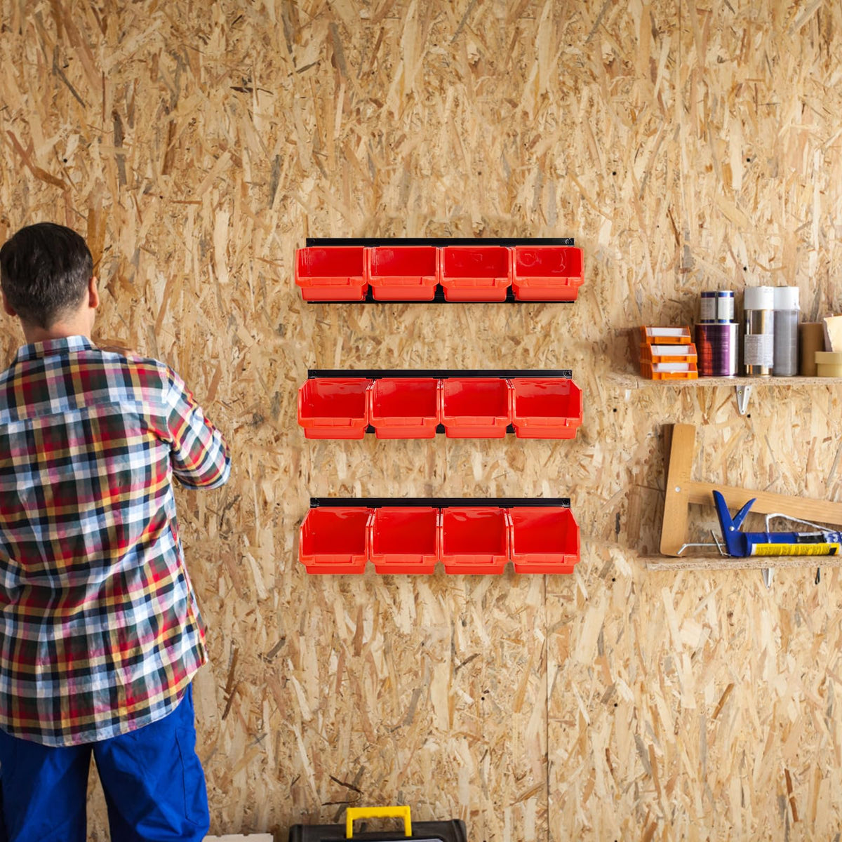 Ultrawall Wall Mounted Storage Bins, Plastic Hanging Storage Organizer Bins, Garage Tool Storage System for Screws, Nuts, Bolts, Nails, and Small Hardware Parts, 12x bins & 3 x rails, Orange