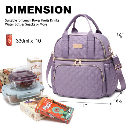 AIJIEKE Large Insulated Lunch Bag for Women, Double Compartment Leakproof Lunch Box for Work Office, Reusable Cooler Tote with Adjustable Strap & Side Pockets for Adults Picnic Beach, Purple