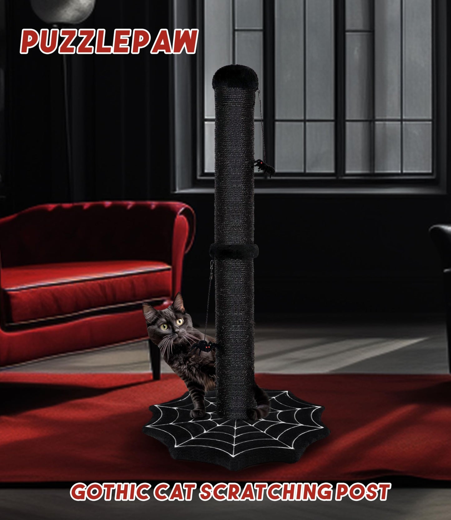 PuzzlePaw Gothic Cat Scratching Post with Spider Dangling Toys for Indoor Cats, Halloween Spooky Cat Scratcher,Activity Cat Play Center Goth Cat Tree Tower Furniture with Cobweb Base,Black
