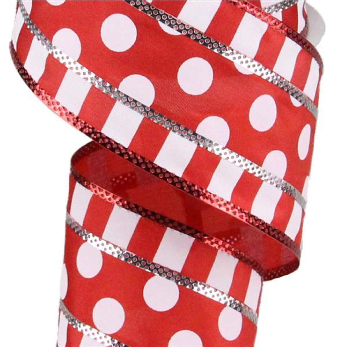 Polka Dots with Stripes Wired Edge Ribbon - 10 Yards (Red, White, 2.5")