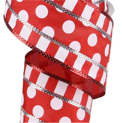Polka Dots with Stripes Wired Edge Ribbon - 10 Yards (Red, White, 2.5")