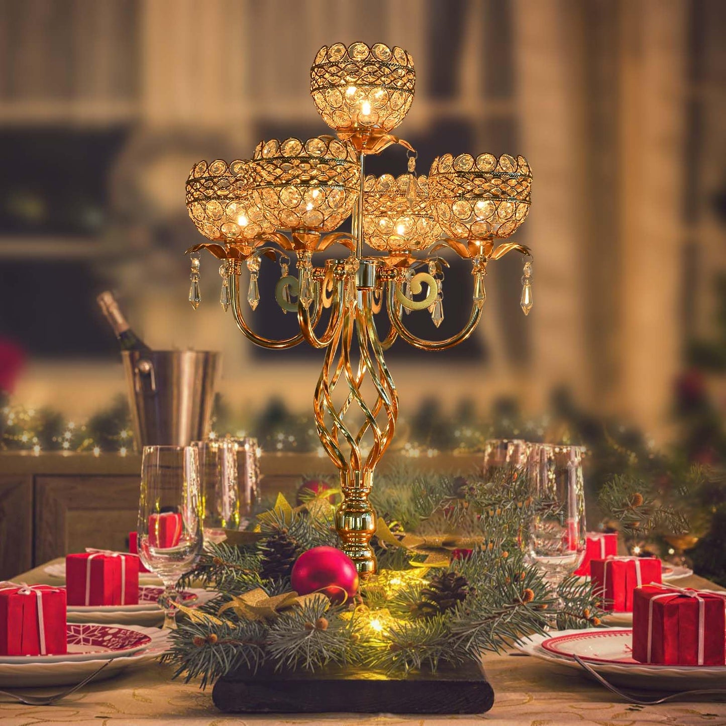 Elegant 5-Arm Candelabra Centerpiece with Crystal Pendants - 23.6 Inch Tall Table Centerpiece for Weddings, Parties, Home Decor for Mother’s Day, Holidays & Special Occasions (1, Gold)
