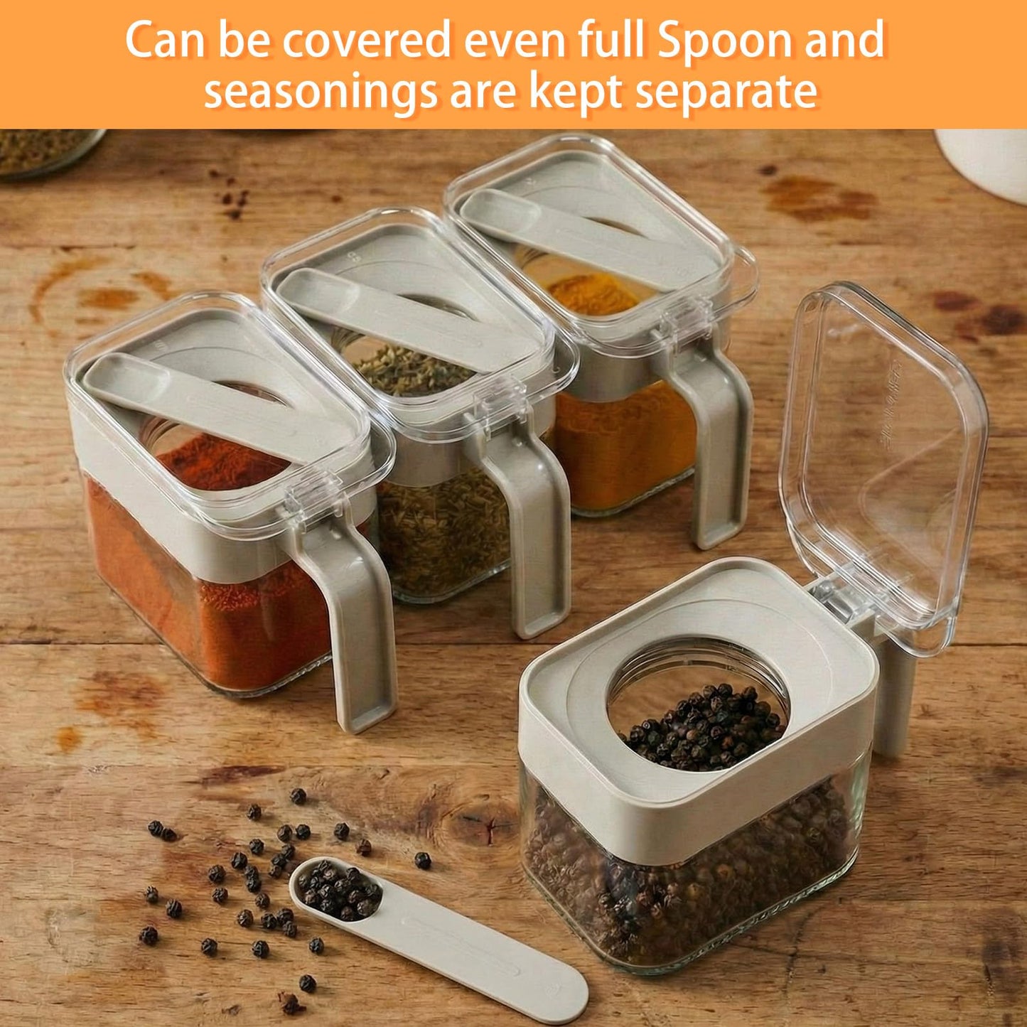Suclain 6 Pcs Condiment Jar Spice Container 13.5oz Sugar and Salt Container Set Clear Glass Condiment Canister with Spoon Dustproof Lid and Handle for Kitchen Spice Salt Organizer(Grey)