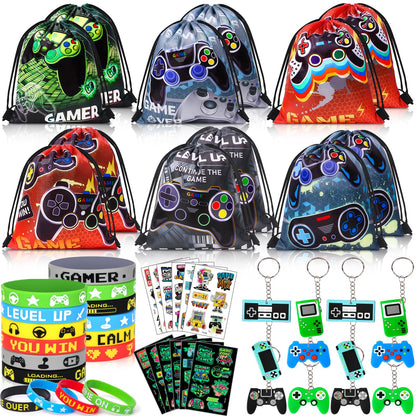 Winrayk 12 Sets Video Game Party Favors Gamer Birthday Supplies, Gaming Drawstring Bag Silicone Wristband Glow In The Dark Tattoos Keychain, Kid Game On Goodie Bag Stuffers Gamer Party favors Supplies
