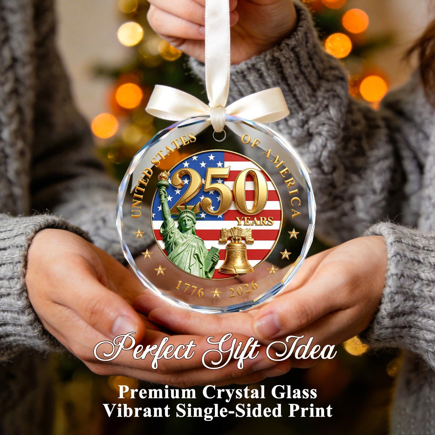 250 Anniversary USA Ornament for 4th of July Decorations - Crystal Glass Patriotic Christmas Ornaments - 1776-2026 Statue of Liberty Bell & US Flag Keepsake - Independence Day Souvenir Gifts