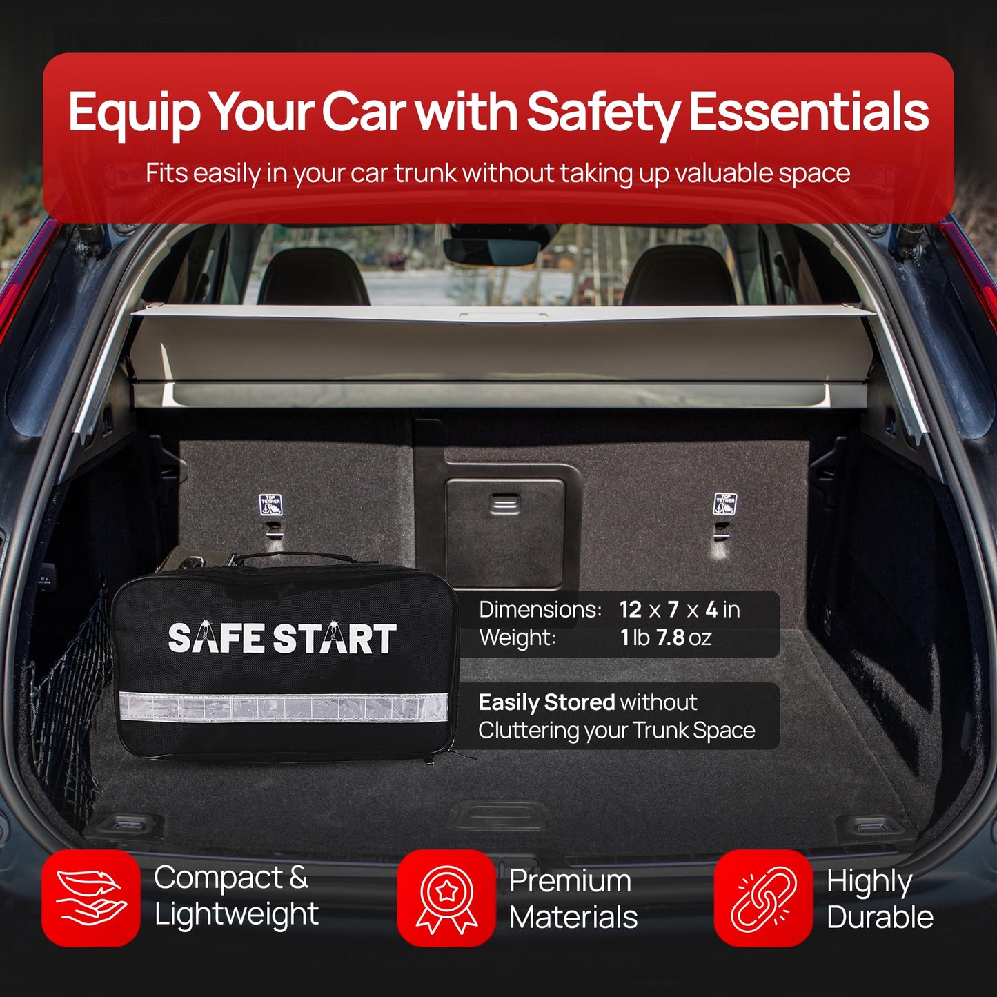 Safe Start Car Emergency Kit - Car Safety Kit with First Aid, Safety Hammer, Reflectors, Gloves, Ice Shovel - Compact Roadside Tool Kit for Repairs, Snow, Accidents - Protect Your Family on the Road