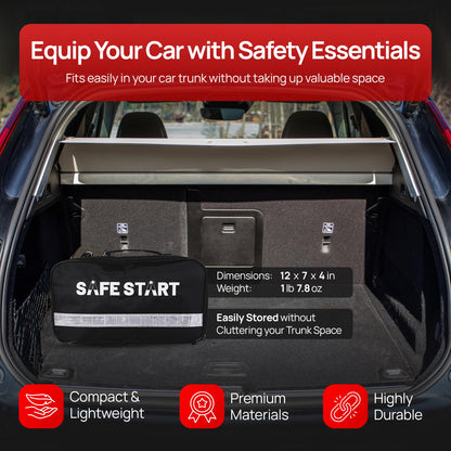 Safe Start Car Emergency Kit - Car Safety Kit with First Aid, Safety Hammer, Reflectors, Gloves, Ice Shovel - Compact Roadside Tool Kit for Repairs, Snow, Accidents - Protect Your Family on the Road