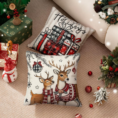 Aursaos Happy Holiday Merry Christmas Plaid Pillow Covers 18x18 Set of 4, Grey Striped Red Buffalo Plaid Snowman Tree Deer Decorative Winter Throw Pillow Case for Couch Sofa Living Room