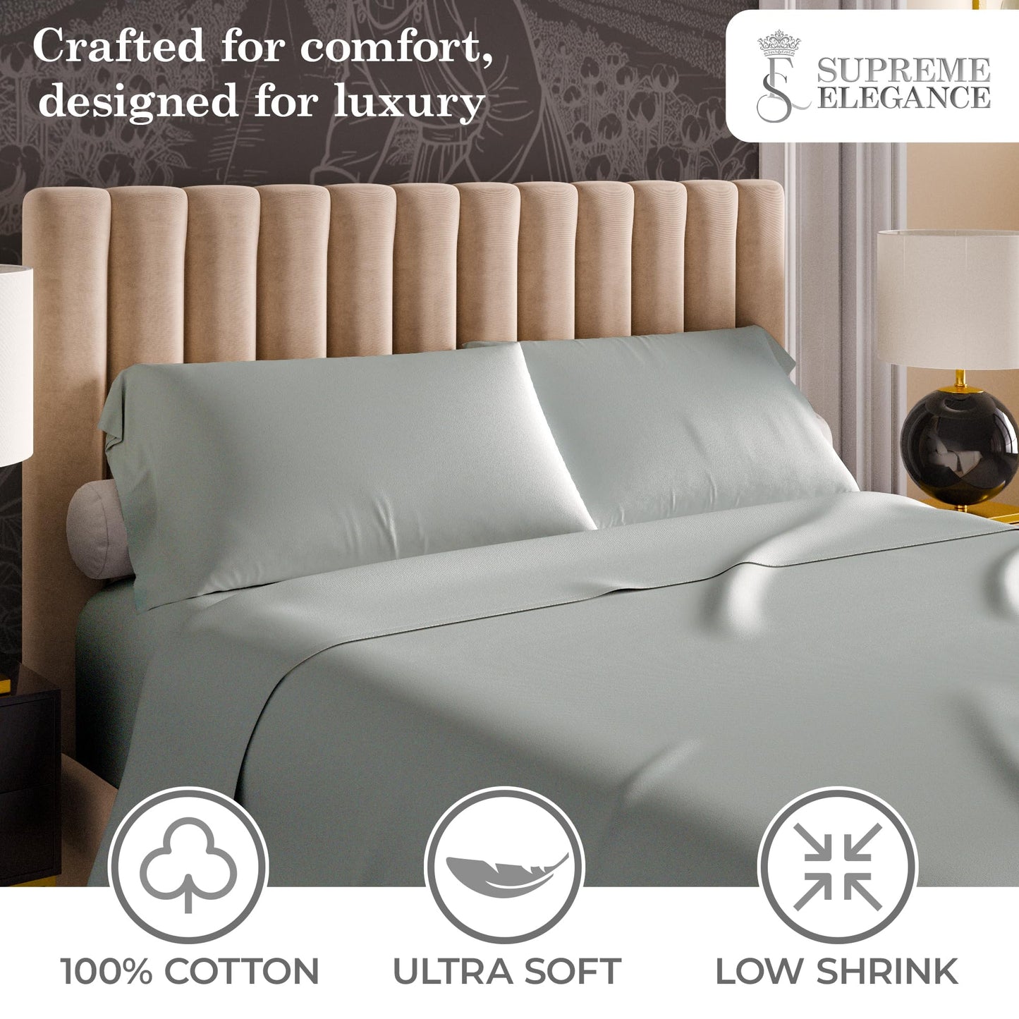 600 Thread Count King Size Bed Sheets Set Light Gray, Soft & Silky 100% Cotton Sateen Sheets, 4pc Wrinkle-Resistant King Sheets Set (1 Flat, 1 Fitted Sheet & 2 Pillowcases) with Deep Pocket
