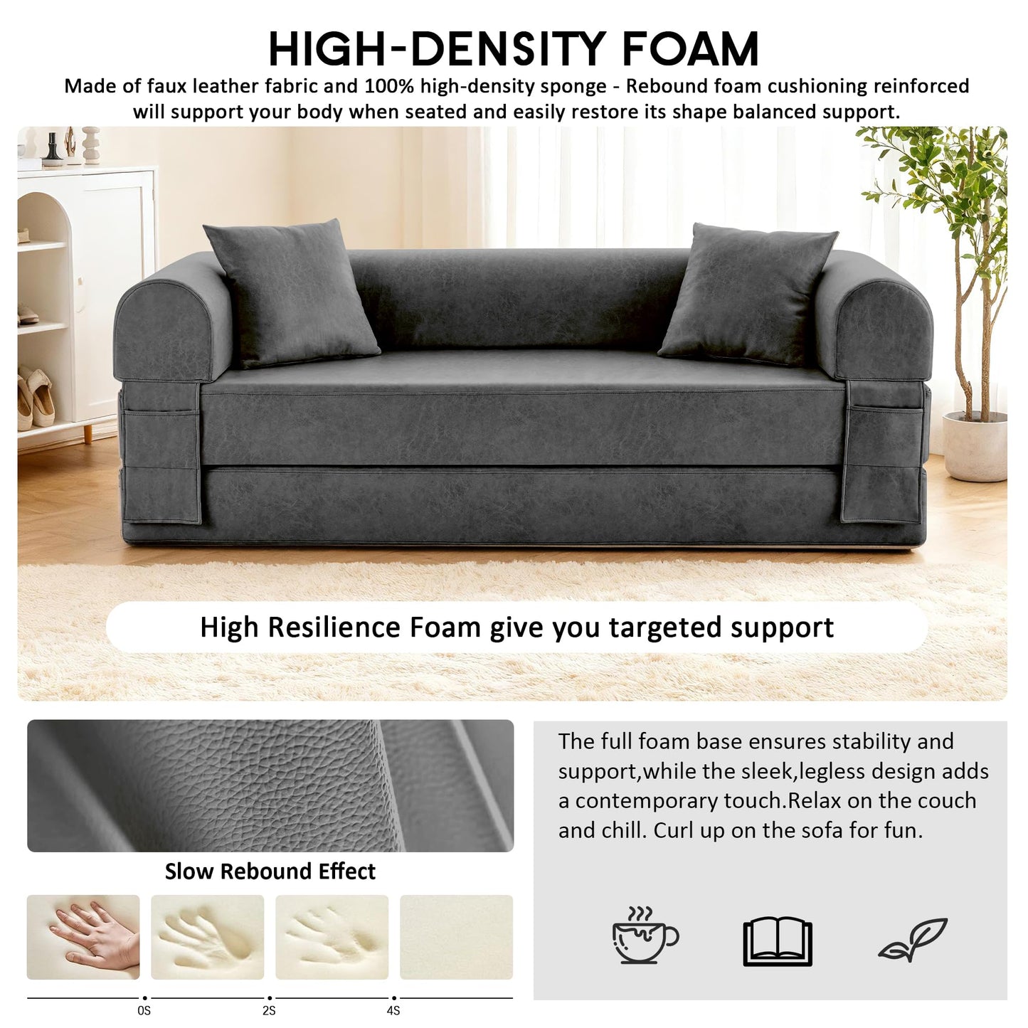 78.5" Convertible Sleeper Sofa Bed, Faux Leather Deep Seat Folding Floor Sofa with Pullout Bed & 2 Pillows, No Assembly Modern Boneless Couch Compression Sofa in Box for Living Room, Office, Gray