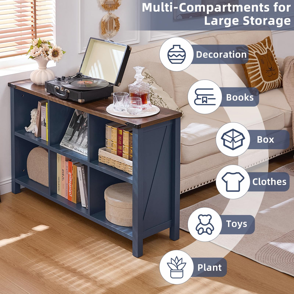 Joaxswe 6 Cube Bookcase, Farmhouse Wood Low Storage Organizer Book Shelf, 47" Horizontal Navy Blue Console Bookshelf with Legs, Hallway Book Case for Entryway, Display Cabinet for Living Room, Office