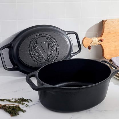 Victoria Dutch Oven Pot and Pan Induction Enamelled Cast Iron 31 cm Oval, Set of 2 Cocotte 5.7 L, PTFE and PFOA Free, Suitable for Fire, Barbecue, Oven, Ceramic Hob, Gas