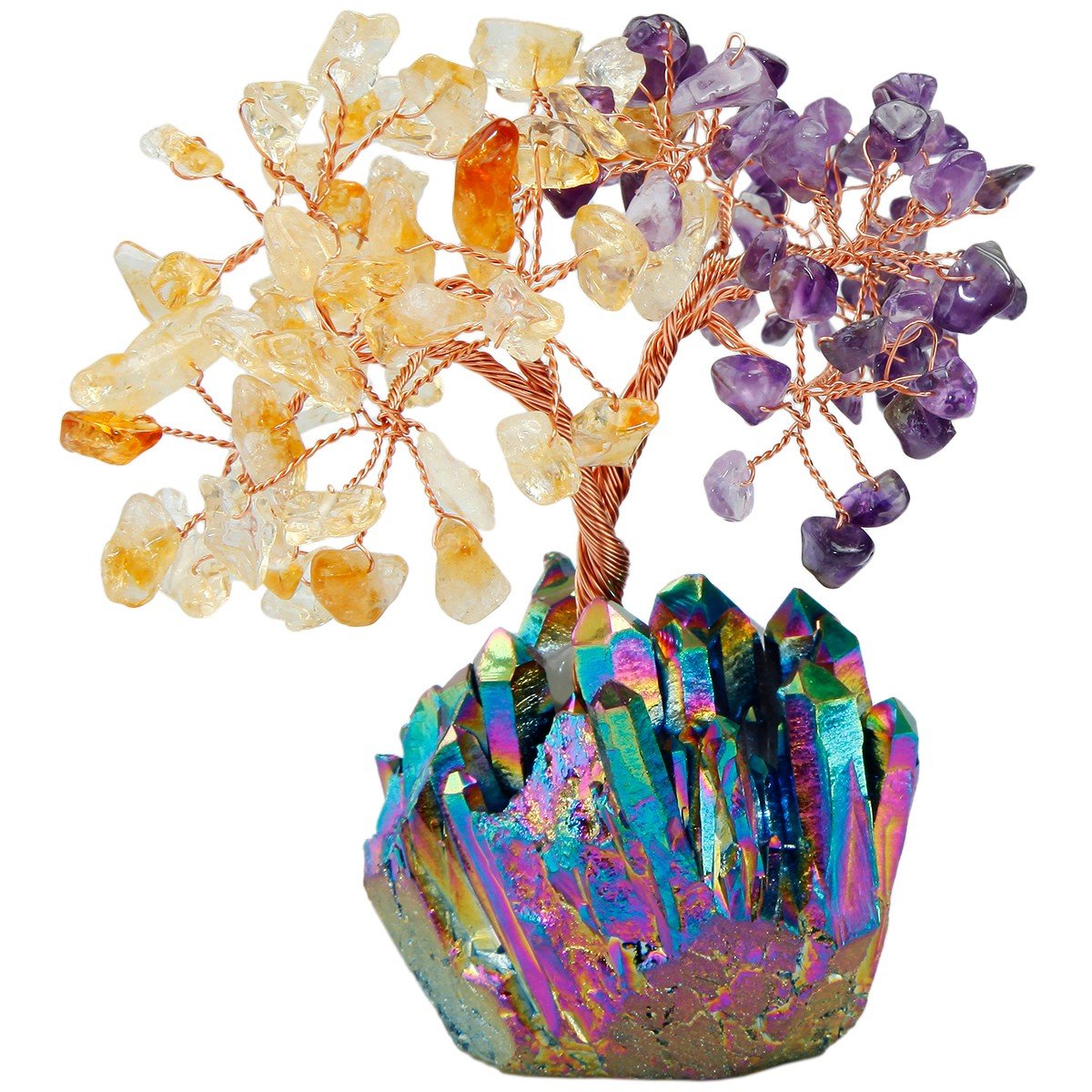 SUNYIK Natural Amethyst/Ctrine Money Tree, Rainbow Aura Titanium Crystal Cluster Base Bonsai Sculpture Figurine 4.5-5.7 Inches