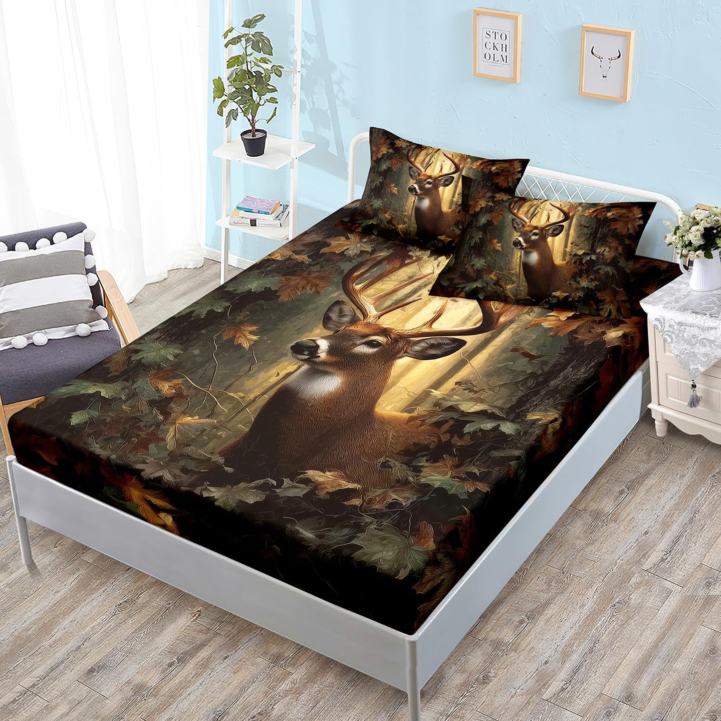 HOSIMA Deer Fitted Sheet Full for Kids,Lightweight Brown Animal Bedding for Teens Boys Room Decor,Hunting Themed Forest Deer Bedding,1 Fitted Sheet+2 Pillowcases.