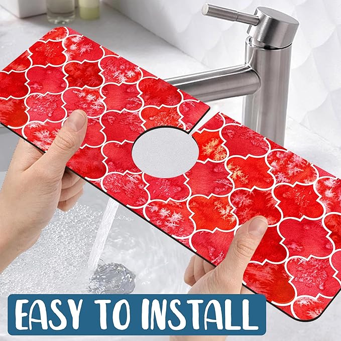Watercolor Moroccan Marbled Kitchen Sink Splash Guard Faucet Mat Red Tiles