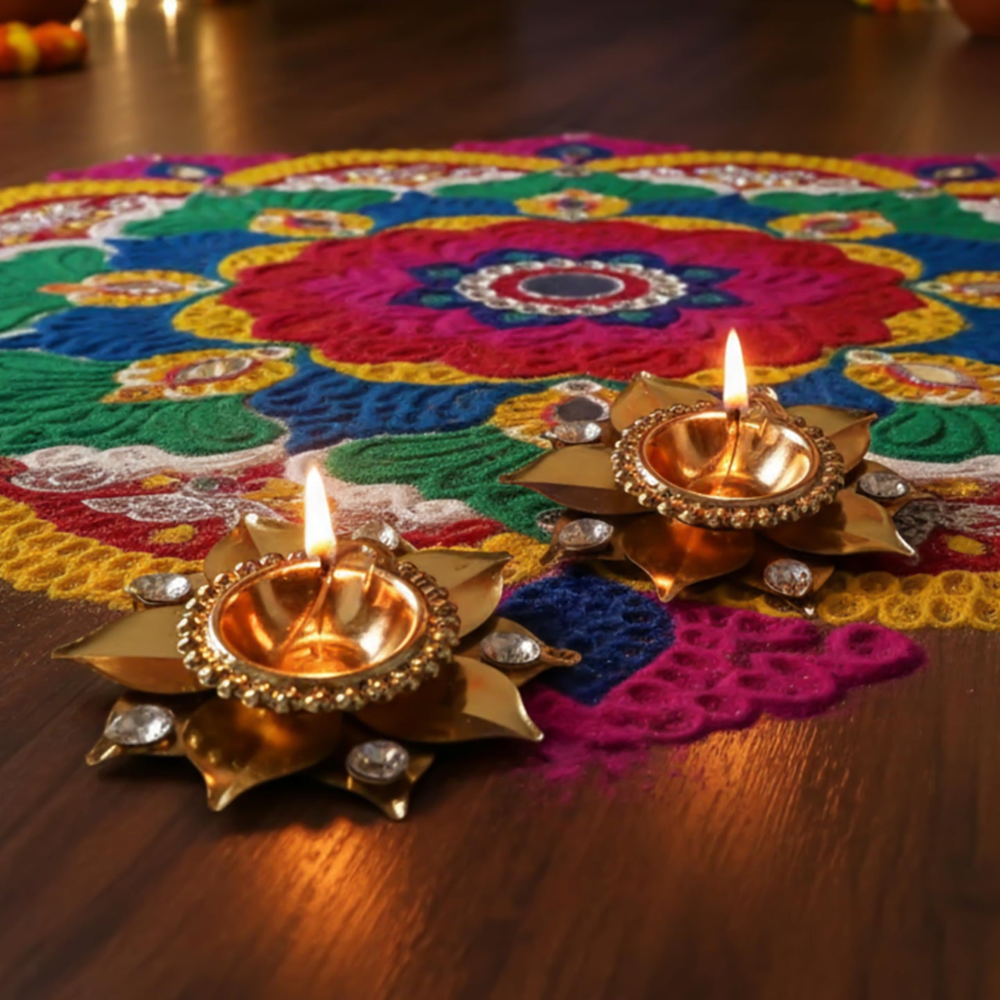 Set of 2 T Light Holders Flower Shape Tealight Candle Stand T-Light Holder Decorative Lighting with White Beads for Home Diwali Festive Décor Decoration and Gifting (White Stone)