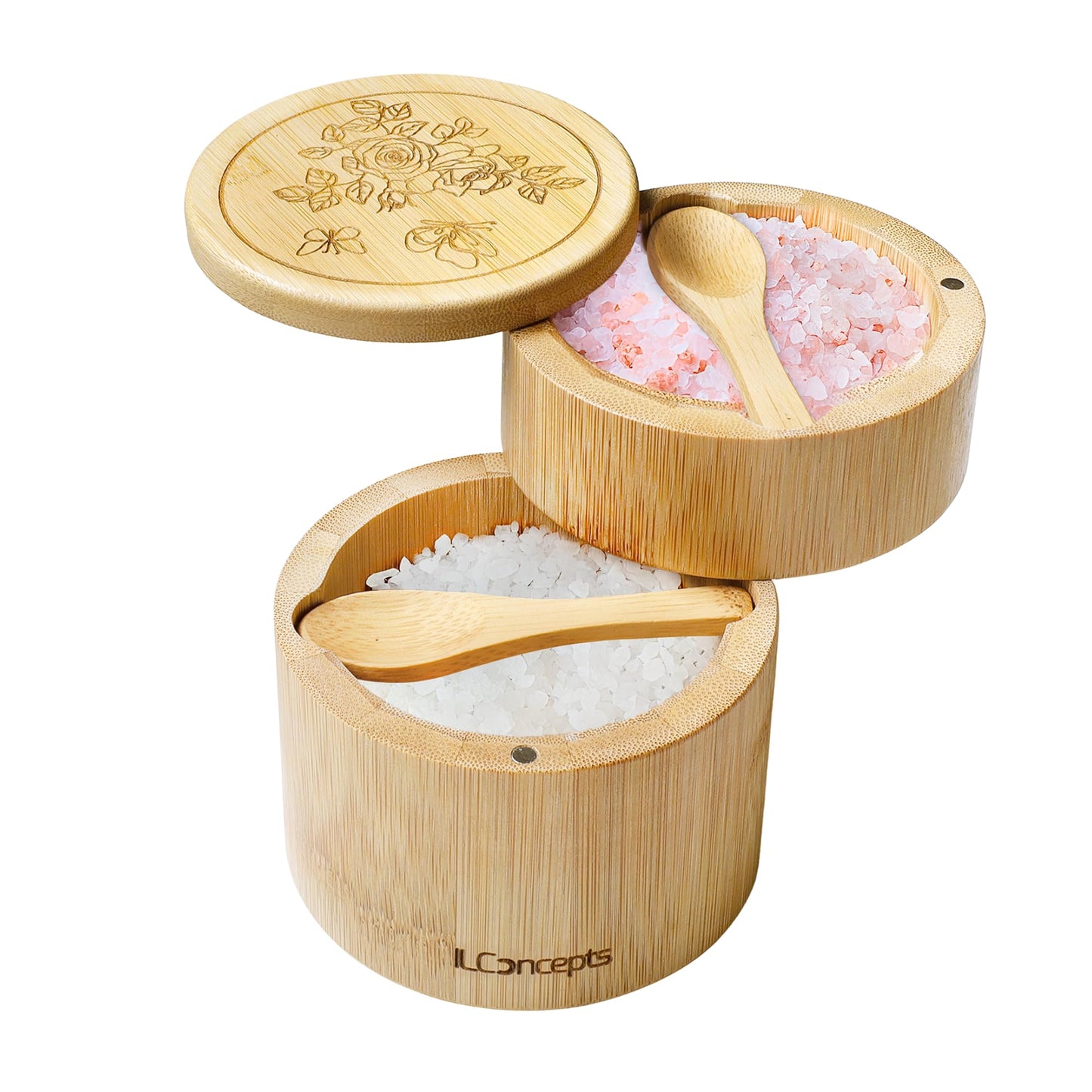Bamboo Salt and Pepper Box, Bowl, Salt Cellar with Magnetic Swivel Lid and Spoons - Dual Compartment (8oz & 4oz) 2-Tier Wooden Container for Countertop, Holder for Sugar, Herbs, Spices (Rose Engr)