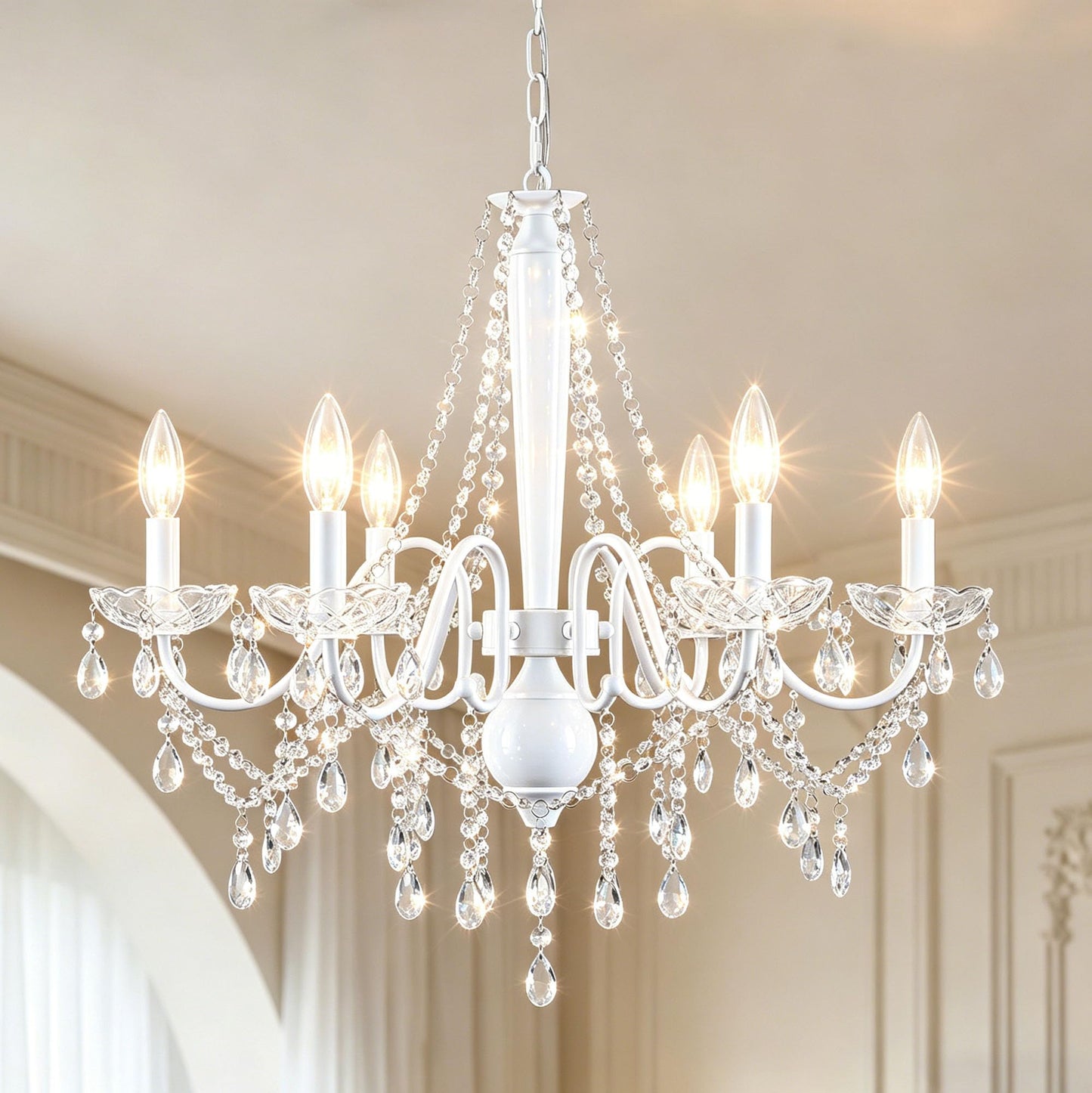 White Crystal Chandelier, 6-Light Modern Chandelier for Dining Room Light Fixture, Elegant Crystal Pendant Ceiling Light Fixture, 25" French Candle Chandelier for Bedroom Living Room Kitchen Entryway