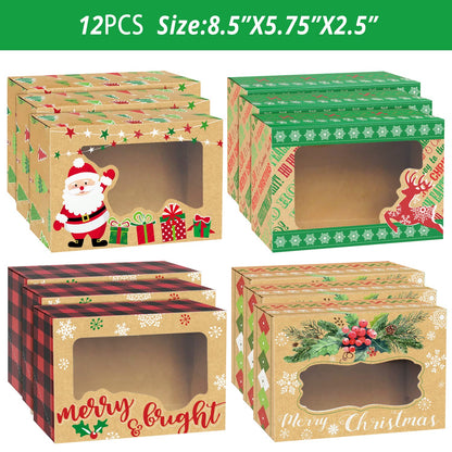 Party Funny 12 Christmas Cookie Boxes -Large Holiday Bakery Food Container for Gift Giving with 80 Count Christmas Foil Gift Stickers