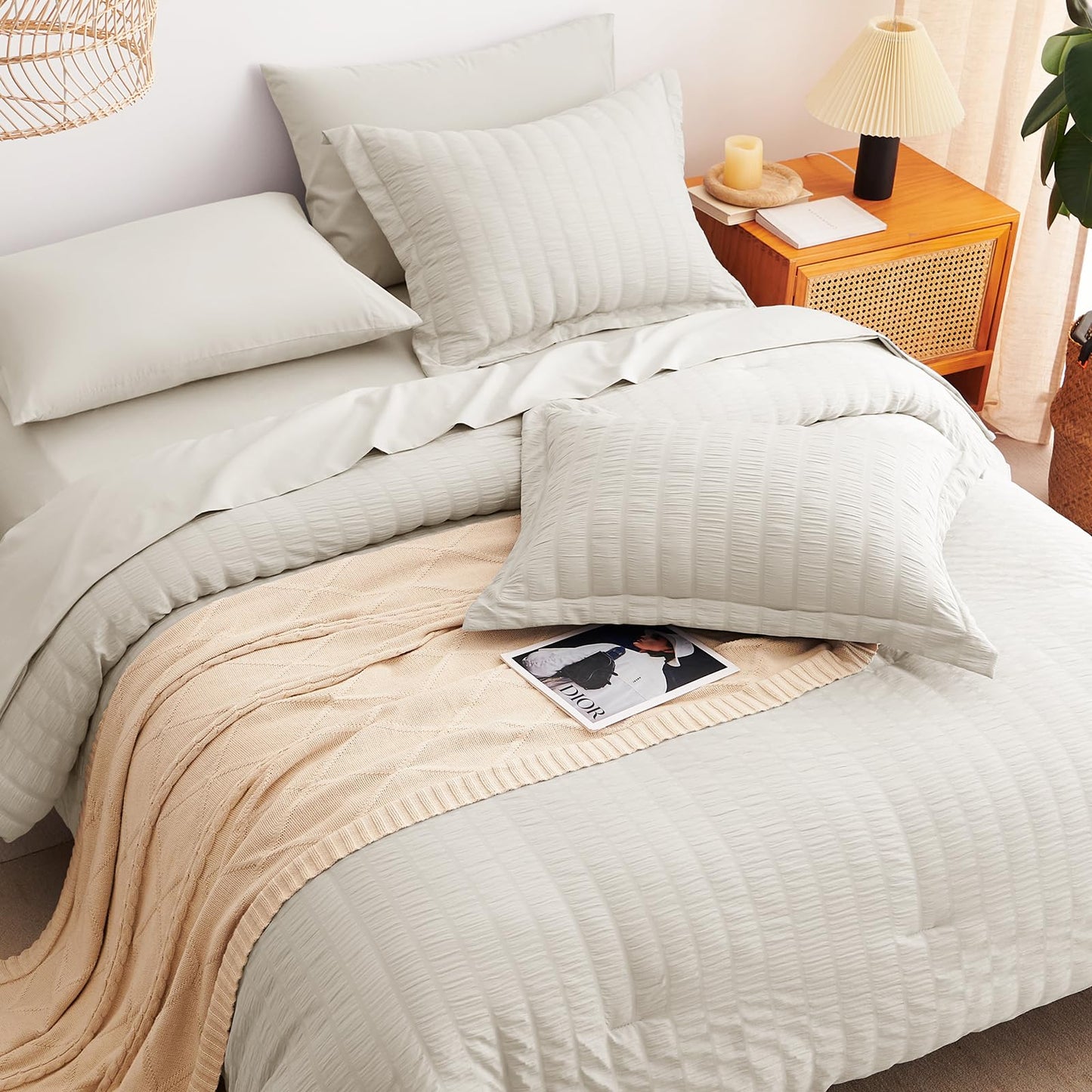 CozyLux Queen Comforter Set Beige, 7 Pieces Seersucker Textured Luxury Bed in a Bag Queen, All Seasons Soft Bedding Sets with Down Alternative Comforter, Sheets, Pillowcases & Shams, Home Gift