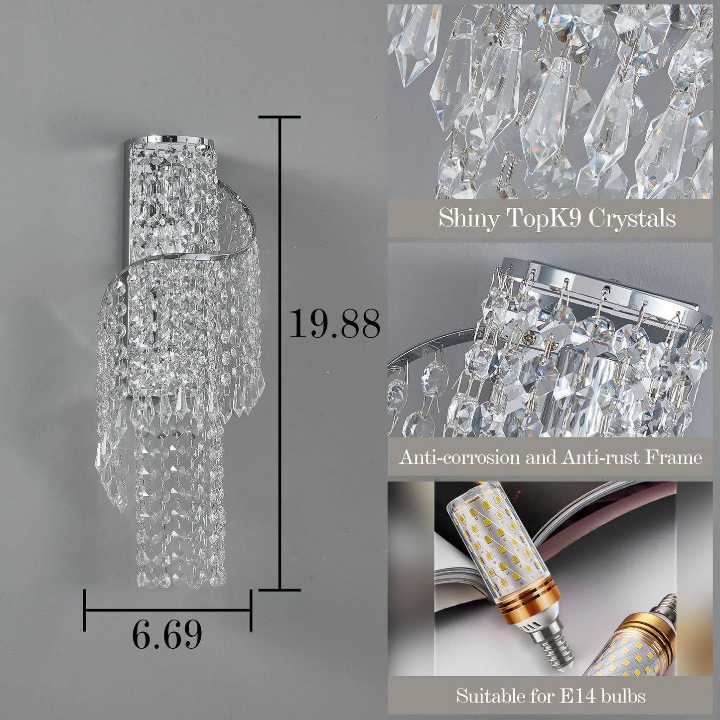 masarayti K9 Crystal Chrome Wall Sconces, Adjustable 3-Color LED Wall Light, FixtureVanity Wall Mount Lamps for Living Room Bedroom Bathroom Bedside Hallway Stairway
