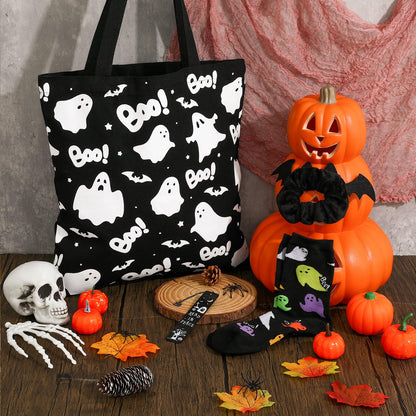 Paterr 5 Pcs Halloween Boo Basket Gift Set Spooky Tote Bag Cute Bookmarks Ghost Socks Bat Scrunchy Greeting Card Boo Basket Stuffer for Women
