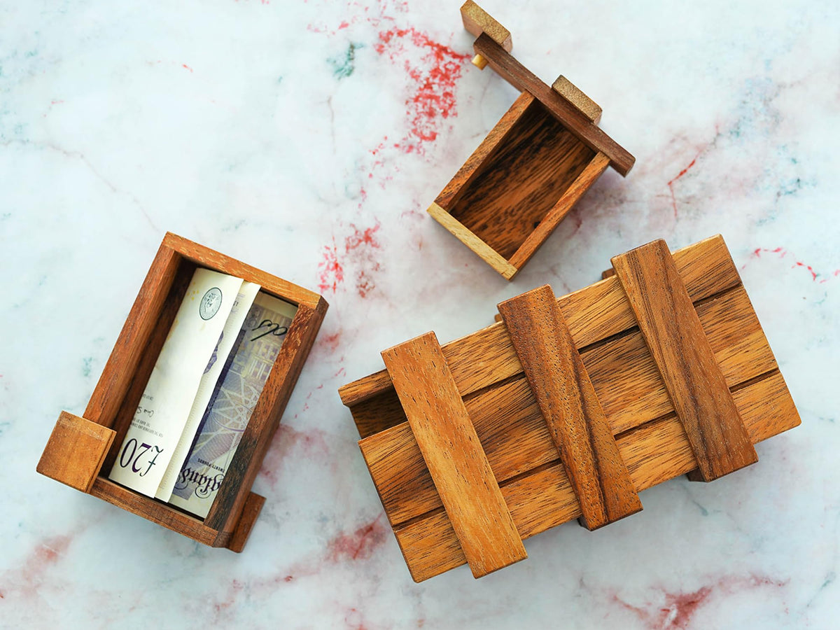 BSIRI Wooden Secret Money Puzzle Box Brain Teaser with Hidden Compartments Ideal Jewelry Stash 3D Lock Gift Card Wood Stash Holder for Cash Gifts Storage for Kids and Adults Double Magic Puzzles Boxes