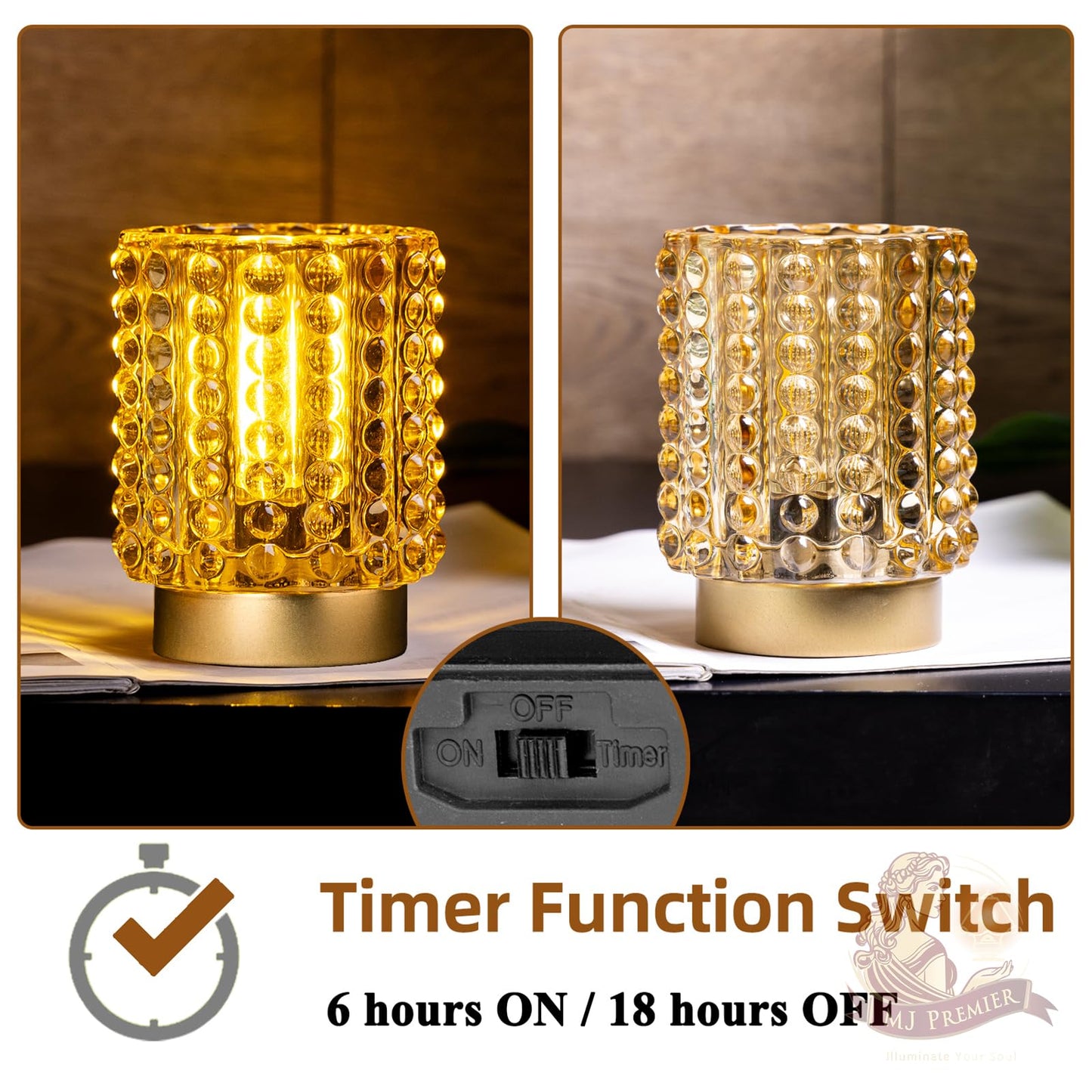 Battery Operated Lamp with Timer, Mini Crystal Table Lamps for Home Decor, Small Cordless Lamp for Areas No Outlets, Glass Battery Powered Lamps for Entryway, Bedroom, Bathroom, Shelf, Corner(Yellow)