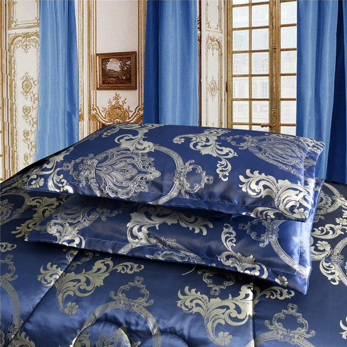 Raytrue-X Comforter Set Satin Silk Blanket All Season Bed Luxury Royal Blue Jacquard Quilt Bedding Sets Matching 2 Pillow Shams (Full/Queen, 88x88 inches, 3 Pieces)