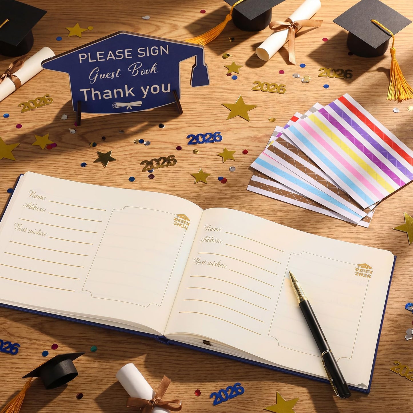 Pasimy Leather Graduation Guest Book with Grad Stand and Signature Pen 2026 Guest Sign in Book Grad Memory Registry Guestbook for College High School Graduation Party Gifts Supplies(Blue Silver)