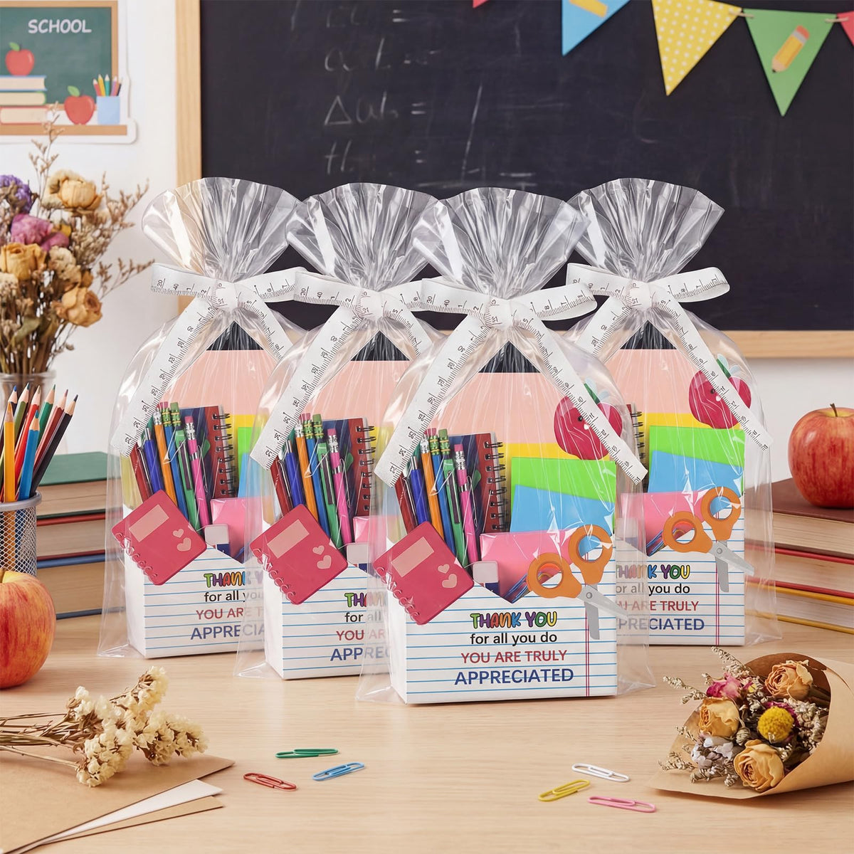 Eaasty 12 Pack Teacher Appreciation Gifts Bulk, Thank You Teacher Gift Boxes with Ribbon Cards, Foldable Pencil Design Paper Basket for End of Year Party Decorations