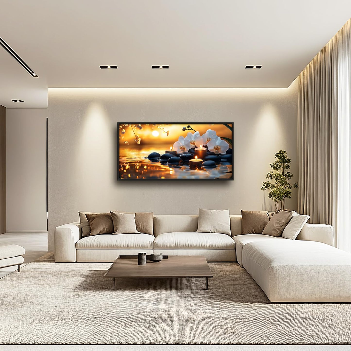 Mecowcm Zen Large Wall Art Candle Spa Stones Framed Wall Decor Orchid Meditation Spiritual Relaxing Canvas Pictures Painting for Yoga Living Room Bedroom Bathroom 30"x60"
