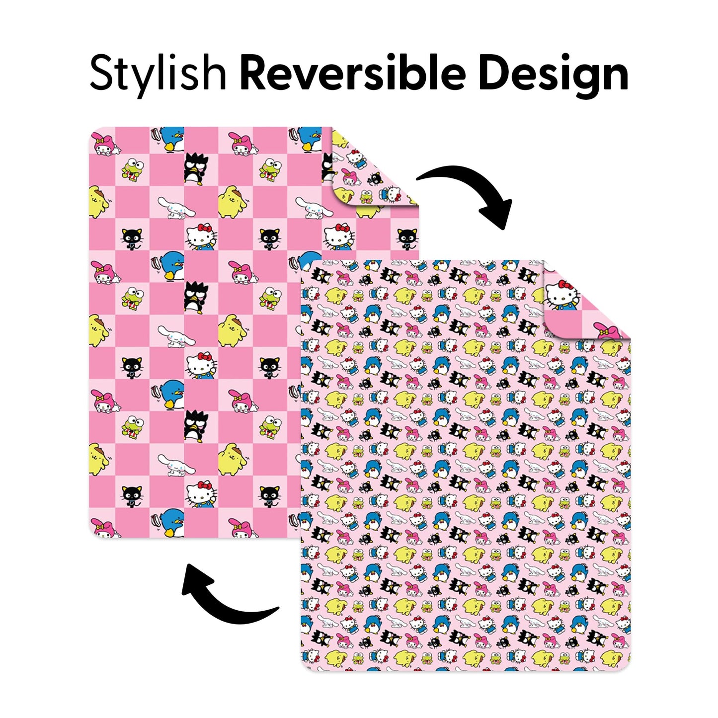 Northwest Hello Kitty & Friends Reversible Quilted Throw, Kawaii Checkered Pattern, Comfy Throw, for Anime Fans, Game Room, Chair or Couch, 60 x 80 Inches